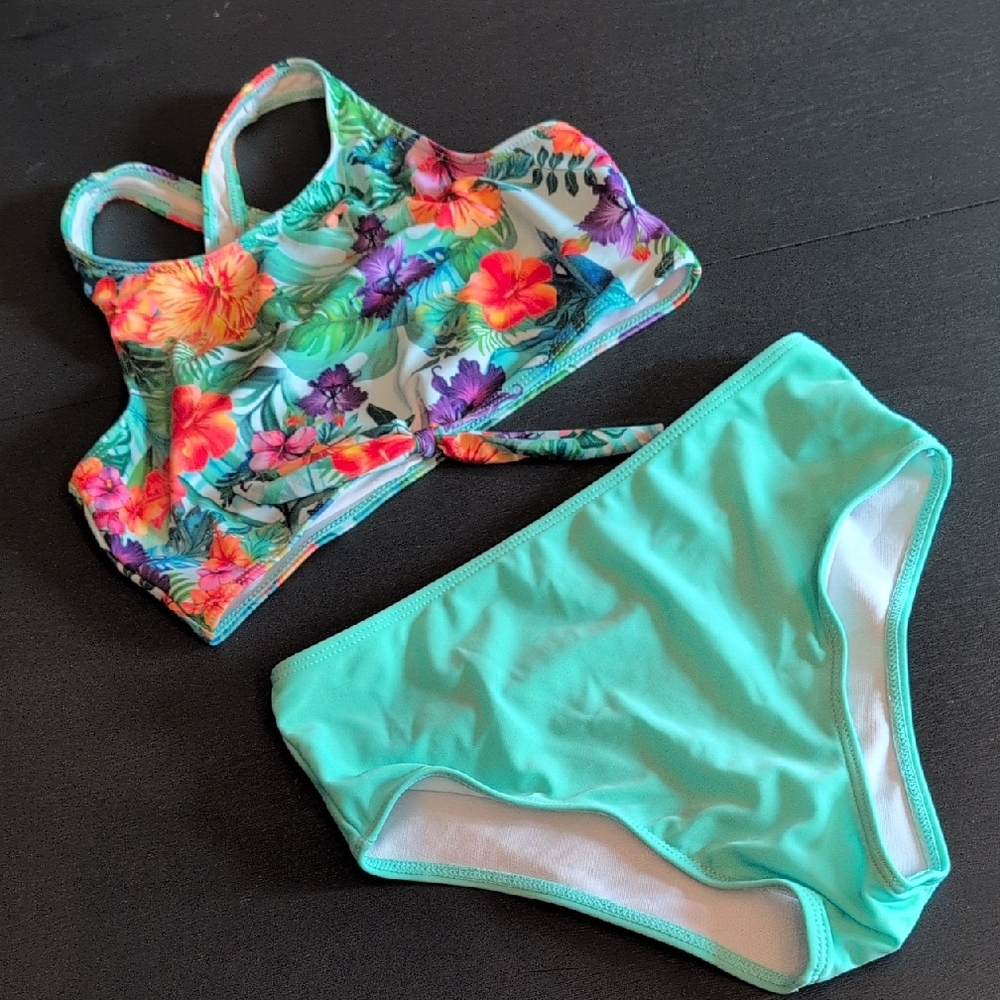Floral Bikini Set with Aqua Bottoms